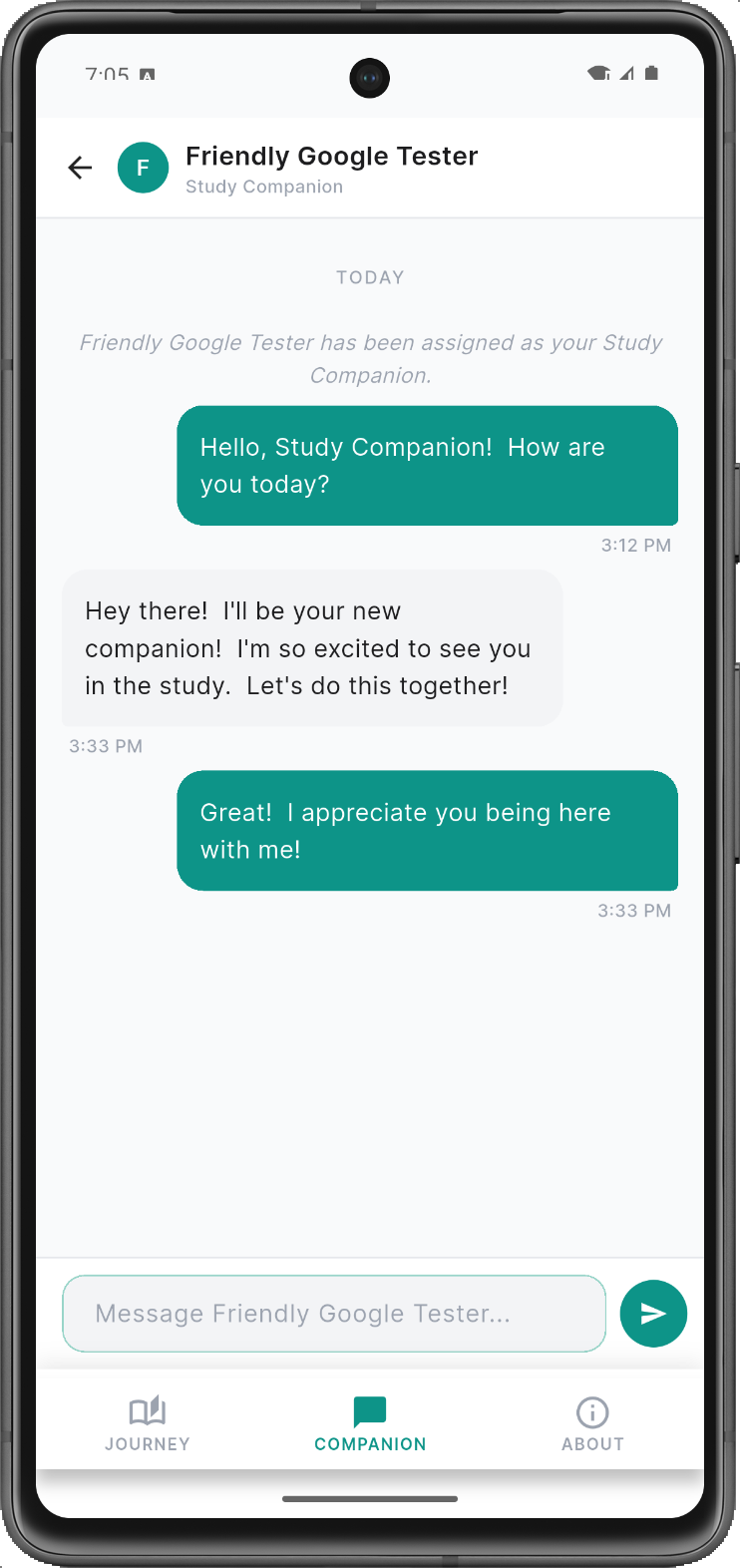 In-app chat between a seeker and their assigned Study Companion