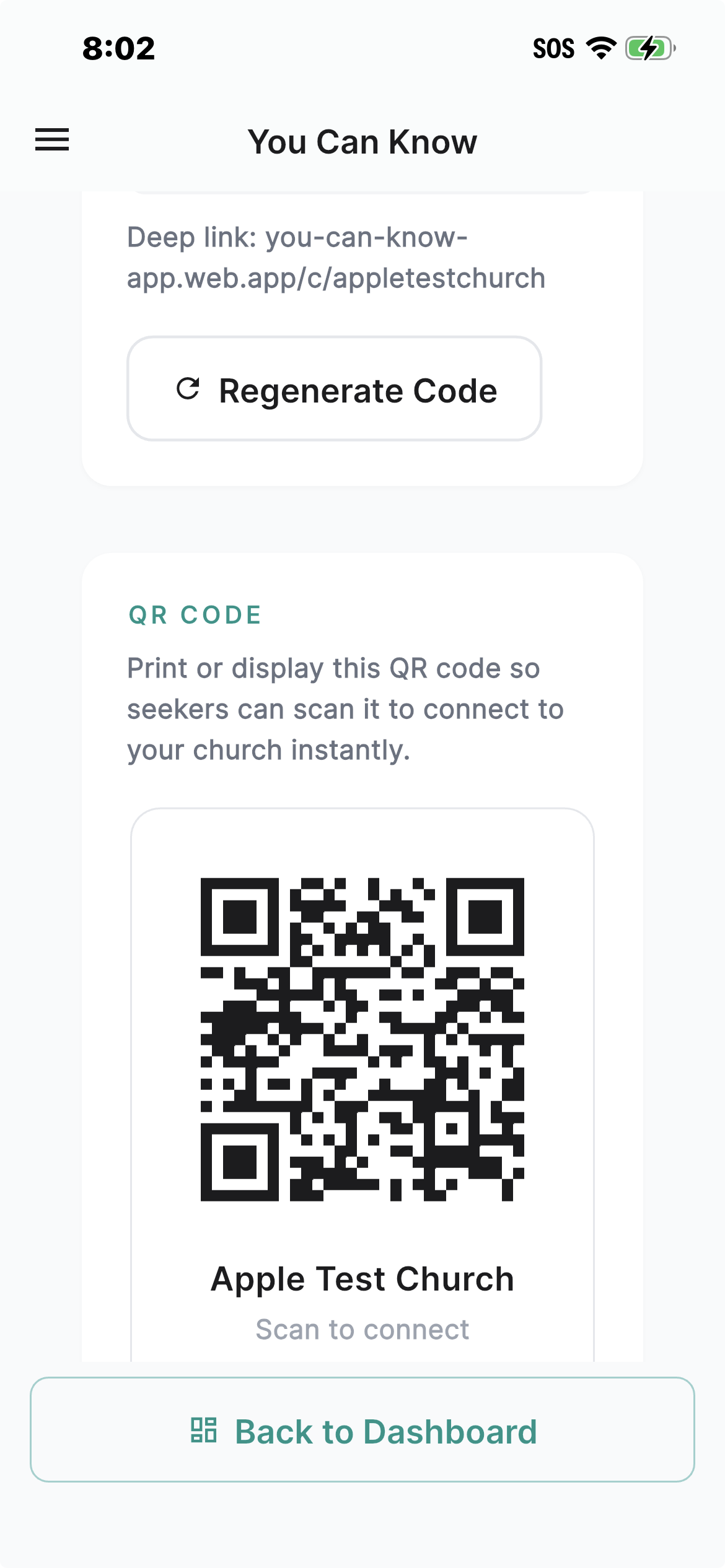 Custom QR code linked to your church &mdash; seekers scan to connect